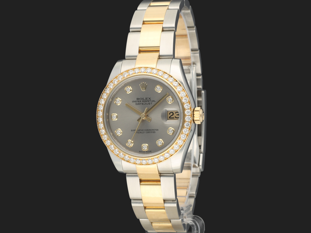 Rolex Datejust 31 Gold Steel Grey Diamond Dial Diamond Bezel 178383 Horloges Filipucci Juweliers Maastricht