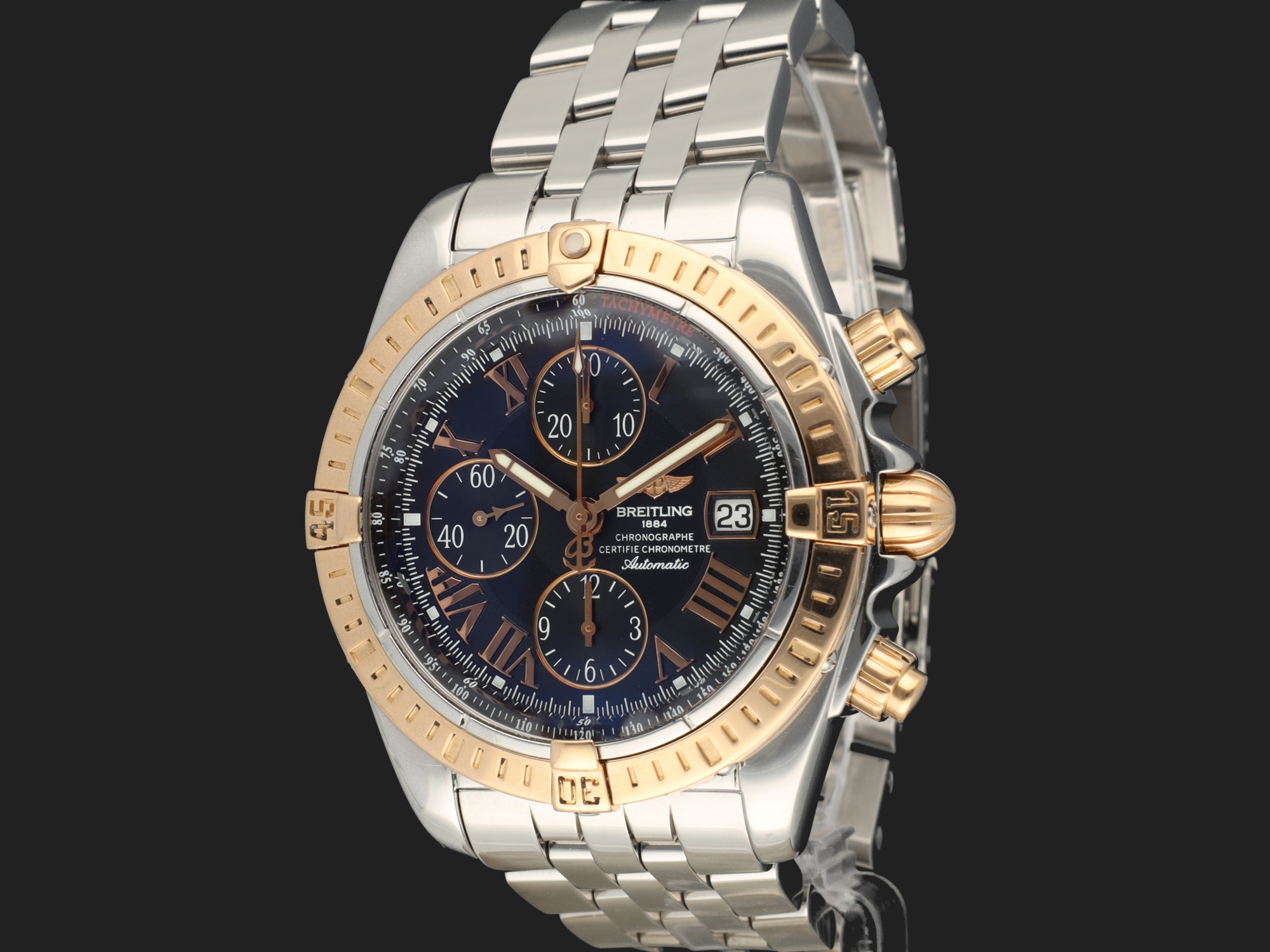 Breitling Chronomat Evolution Rose Gold Steel Black Dial C13356 Watches Filipucci Juweliers