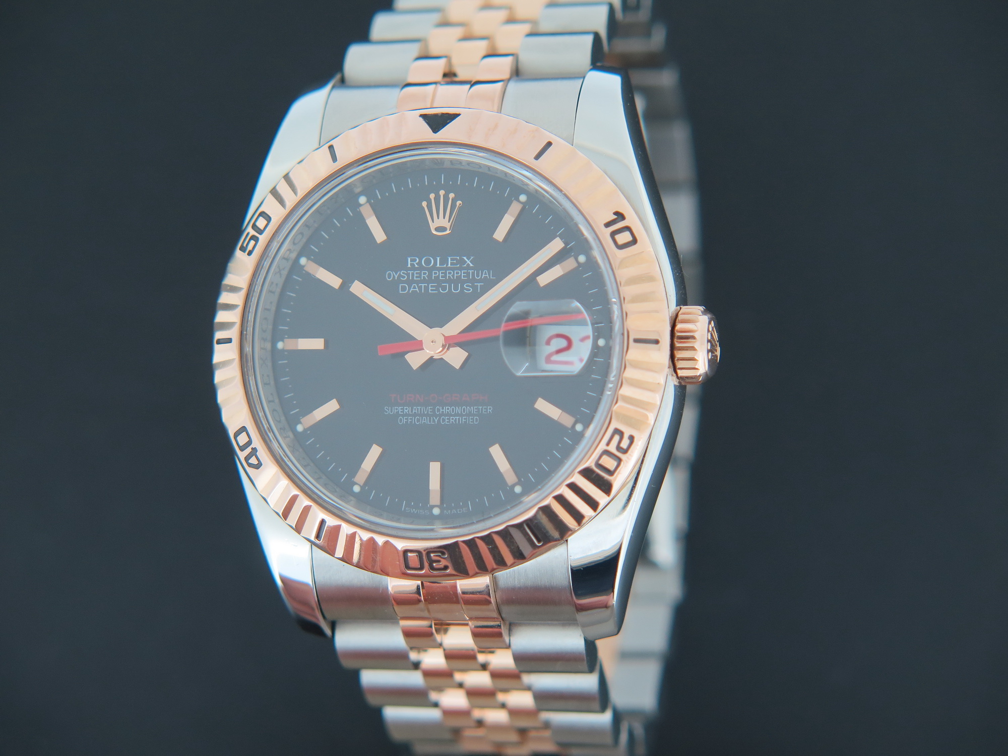 Rolex Datejust Turn O Graph Rose Gold Steel Black Dial 116261