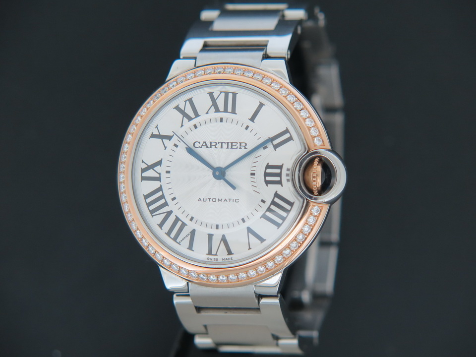 Cartier Ballon Bleu Gold Steel Diamond Bezel 36MM WE902081 3754 Uhren Filipucci Juwelers