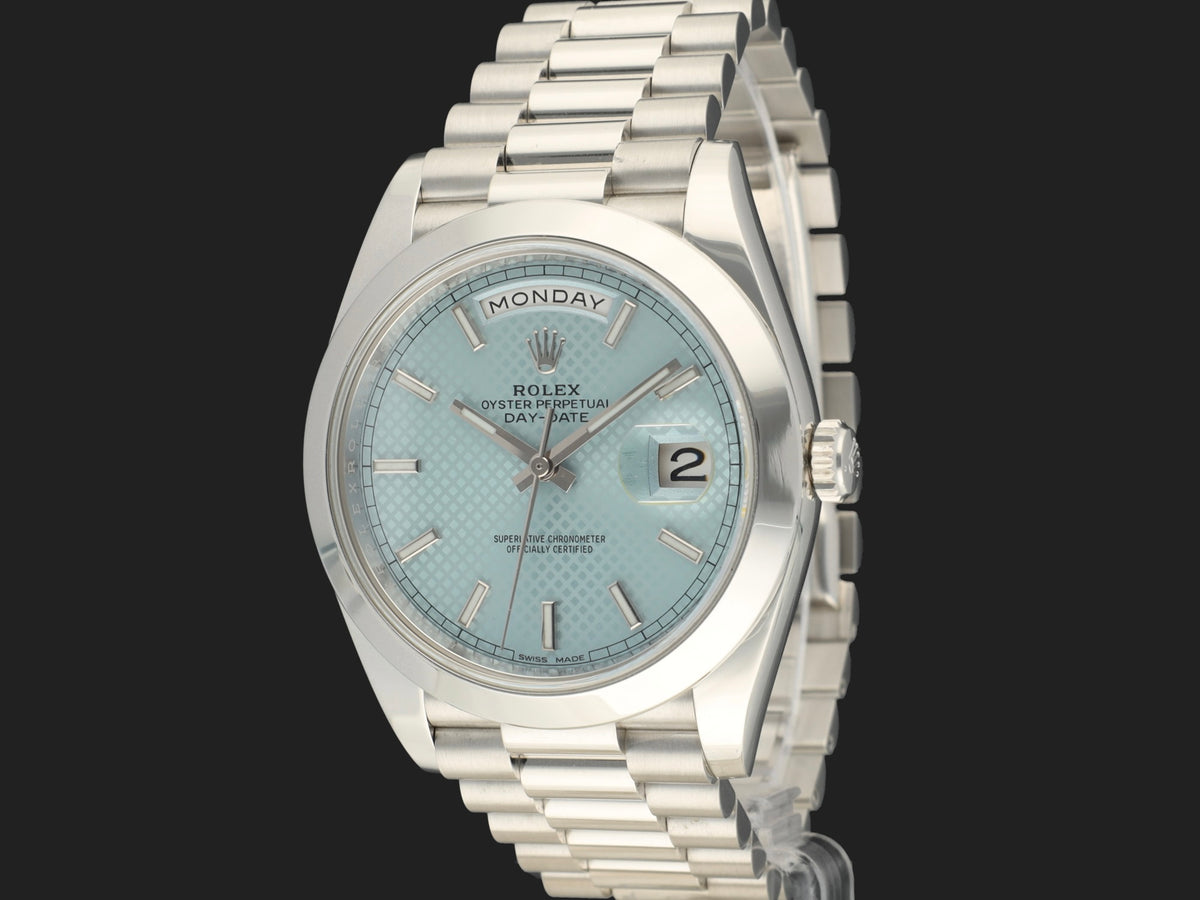 Rolex Day-Date 40 Platinum Ice Blue Diagonal Motif Dial 228206 (1)