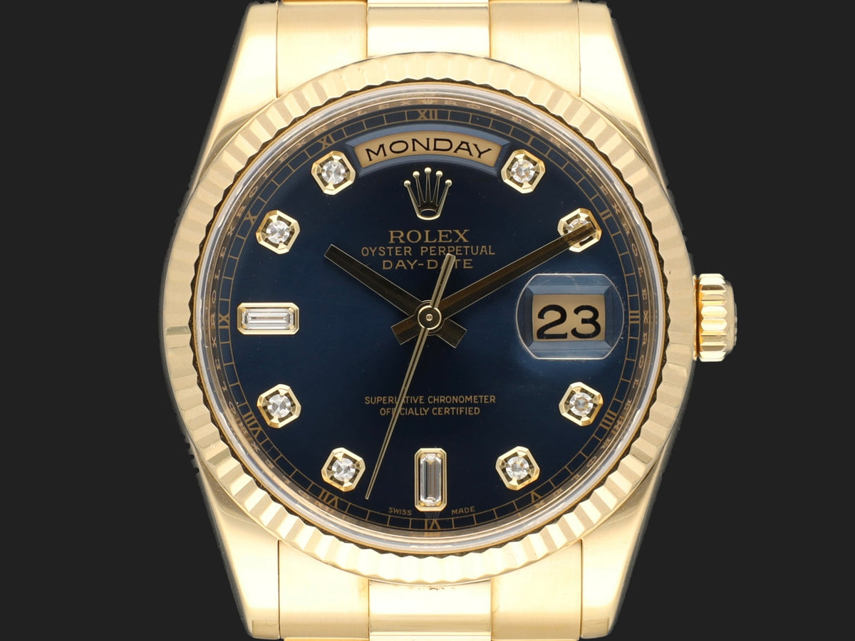 Rolex Day-Date 36 Yellow Gold Blue Diamond Dial 118238
