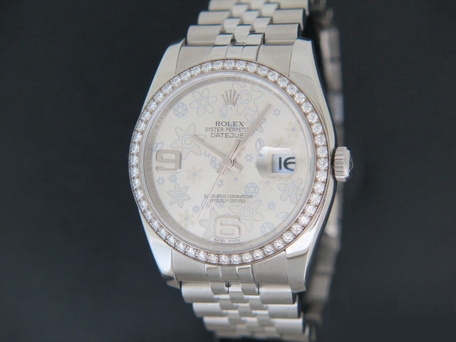 Rolex Datejust Silver Floral Dial and Diamond Bezel
