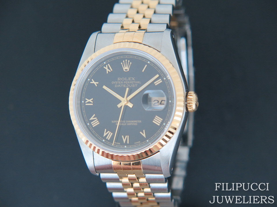 Rolex Datejust Gold/Steel Black Roman Dial 16233 (1)