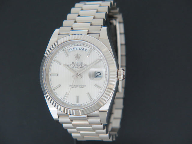 Rolex Day-Date 40 White Gold Silver Tapestry Dial