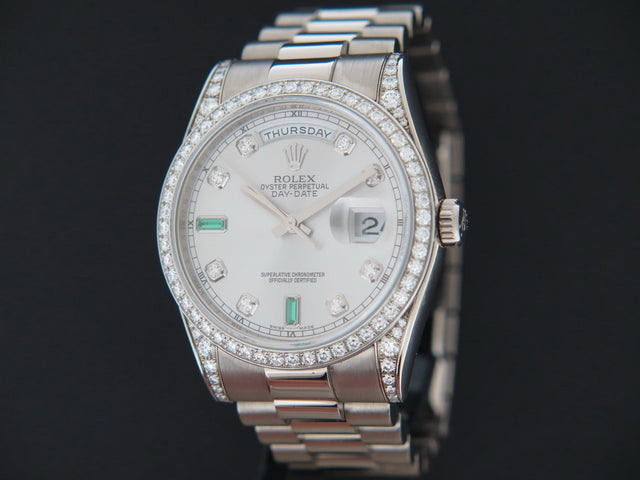 Rolex Day-Date White Gold Silver Diamond Emerald Dial 118389