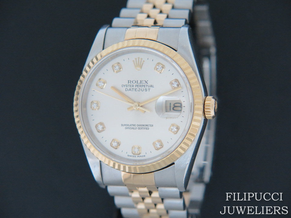 Rolex Datejust Gold/Steel 16233 Silver Diamond Dial  (1)